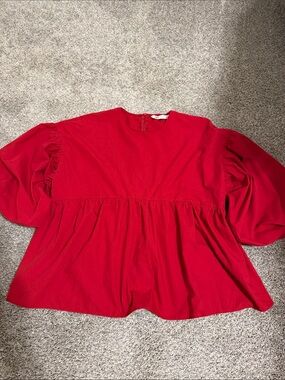 Zara Bright Red Pleated Blouse with Tucked Pleated Pouf Sleeves, Med